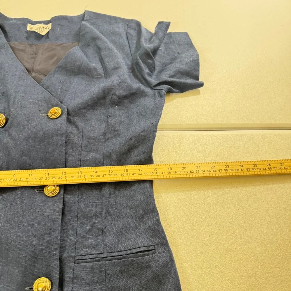 Y2K NY Sake Navy sailor Linen Double Breasted V‎ Neck Sheath Dress Size 12 - Picture 7 of 10